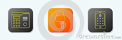 Set line House intercom system, Lock picks for lock picking and Mobile and graphic password icon. Vector Stock Photo