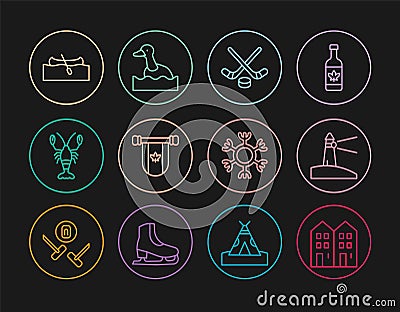 Set line House, Lighthouse, Ice hockey sticks and puck, Pennant Canada, Lobster, Kayak or canoe, Snowflake and Flying Stock Photo