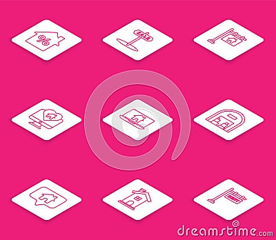 Set line House with percant discount tag, Hanging sign text Sale, Monitor house heart shape, Laptop and smart home Vector Illustration