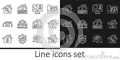 Set line House with percant discount, under protection, Online real estate house, Warehouse, Search, Hanging sign text Vector Illustration
