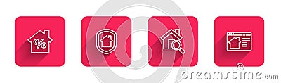 Set line House with percant discount, under protection, Search house and Online real estate with long shadow. Red square Vector Illustration