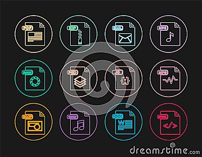 Set line HTML file document, MP3, EML, PSD, RAW, PDF, JS and ZIP icon. Vector Vector Illustration