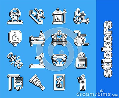 Set line Human broken arm, Intercom, Wheelchair, Elevator for disabled, Patient with leg, Disabled wheelchair, Poor Stock Photo