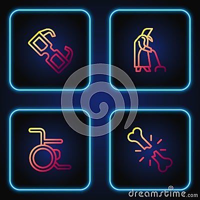 Set line Human broken bone, Wheelchair, Eyeglasses and Grandmother. Gradient color icons. Vector Stock Photo