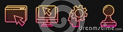 Set line Human head with gear inside, Web design and development, Computer monitor and cursor and Stamp. Glowing neon Vector Illustration