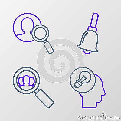 Set line Human head with lamp bulb, Magnifying glass for search people, Ringing bell and icon. Vector Stock Photo