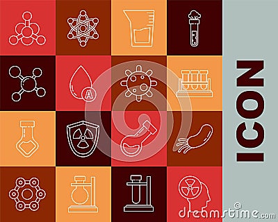Set line Human head and a radiation, Bacteria, Test tube flask chemical, Laboratory glassware or beaker, Water drop Stock Photo