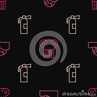 Set line Human skull, Fire extinguisher and Ancient column on seamless pattern. Vector Vector Illustration