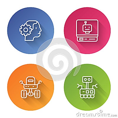 Set line Humanoid robot, Robot, Mars rover and . Color circle button. Vector Stock Photo