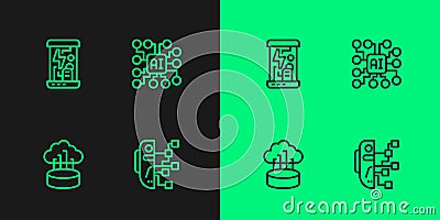 Set line Humanoid robot, Network cloud connection, Cryogenic capsules and Neural network icon. Vector Vector Illustration