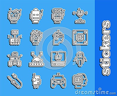 Set line Humanoid robot, Robot, Processor with microcircuits CPU, low battery charge, burned out, Broken and Smart Vector Illustration