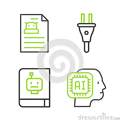 Set line Humanoid robot, User manual, Electric plug and Technical specification icon. Vector Stock Photo