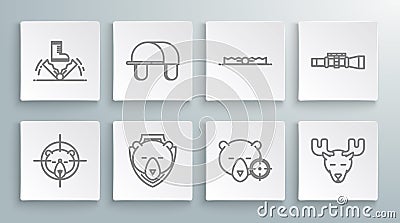 Set line Hunt on bear with crosshairs, Hunter hat, Bear head shield, Moose horns, Trap hunting, Sniper optical sight and Vector Illustration