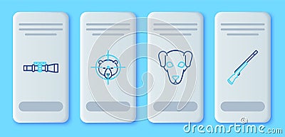 Set line Hunt on bear with crosshairs, Hunting dog, Sniper optical sight and gun icon. Vector Stock Photo
