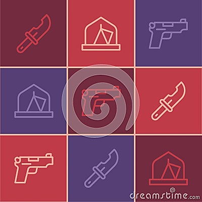 Set line Hunter knife, Pistol or gun and Tourist tent icon. Vector Vector Illustration