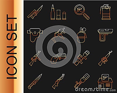 Set line Hunting shop weapon, M16A1 rifle, Pistol or gun, search, MP9I submachine, Gun holster, Bayonet and Hand grenade Vector Illustration