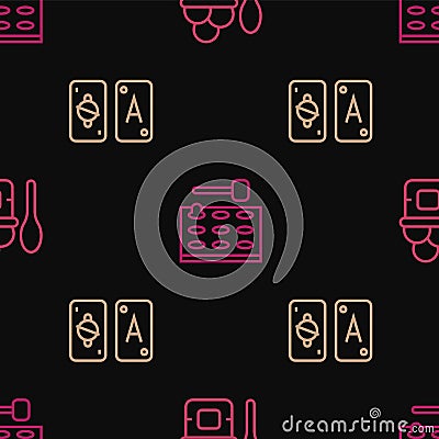 Set line Ice cream in bowl, Tarot cards and Arcade game machine on seamless pattern. Vector Stock Photo