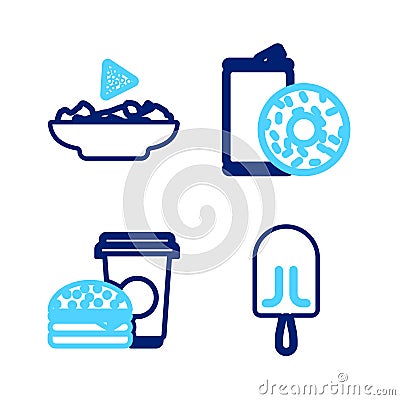 Set line Ice cream, Coffee and burger, Aluminum can soda donut and Nachos plate icon. Vector Vector Illustration