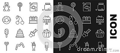 Set line Ice cream, Cupcake, Cake on plate, Candy packaging for sweets, Cherry, Donut, Jelly bear candy and icon. Vector Vector Illustration