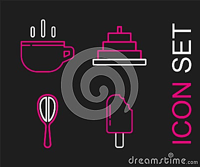 Set line Ice cream, Kitchen whisk, Cake with burning candles and Coffee cup icon. Vector Stock Photo