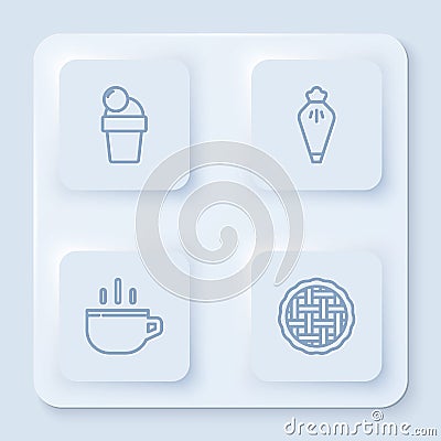 Set line Ice cream, Pastry bag, Coffee cup and Homemade pie. White square button. Vector Vector Illustration