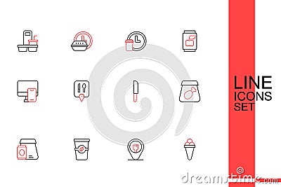 Set line Ice cream in waffle, Cafe and restaurant location, Coffee cup to go, Online ordering food, meal, Knife, and Vector Illustration