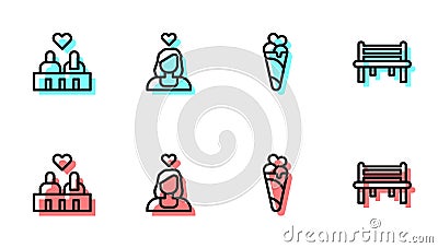 Set line Ice cream in waffle cone, Couple love, and Romantic bench icon. Vector Vector Illustration