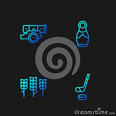 Set line Ice hockey stick and puck, Wheat, Cannon and Russian doll matryoshka. Gradient color icons. Vector Vector Illustration