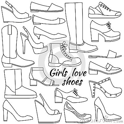 Set of line icons. Different women shoes Vector Illustration