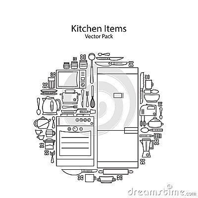 Set of line icons featuring various kitchen utensils and cooking related objects. Vector Illustration