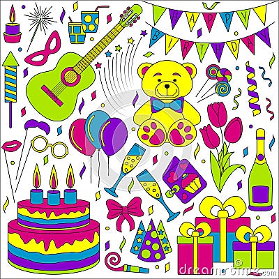 Set of line icons. Happy birthday and party events Vector Illustration