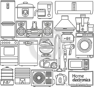 Set of line icons. Home appliances. Oven and toaster, fridge and freezer, stove and dishwasher. Contour icons. Info graphic elemen Vector Illustration