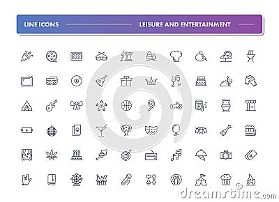 Set of 60 line icons. Leisure and entertainment Vector Illustration