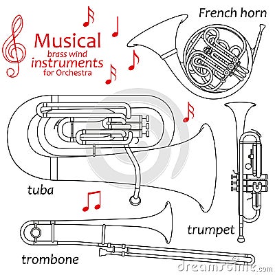 Set of line icons. Musical brass wind instruments for orchestra. Info graphic elements. Simple design. Vector Illustration