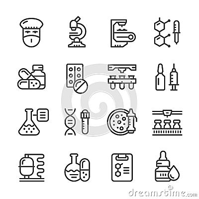 Set line icons of pharmaceutical industry Vector Illustration