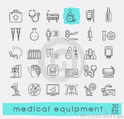 Set of line icons presenting various medical equipment. Vector Illustration