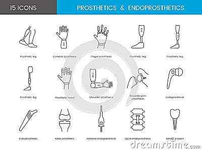 A set of line icons prosthetics in vector. The illustrations prosthetic arms and legs, shoulder endoprostheses Vector Illustration