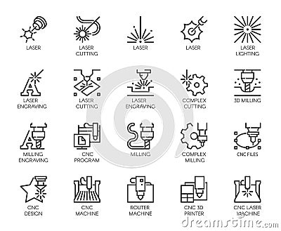 Set of 20 line icons in series of laser cutting. Computer numerical controlled printer, 3D milling machine Vector Illustration