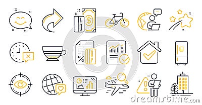 Set of line icons, such as Credit card, Refrigerator, Analytics graph symbols. Vector Vector Illustration