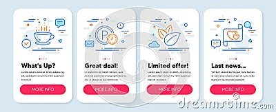 Set of line icons, such as Parking time, Organic product, Coffee cup symbols. Love letter line icons. Vector Vector Illustration