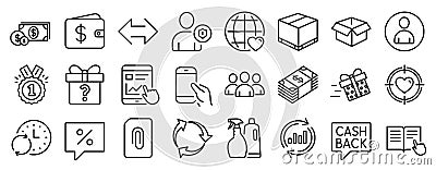 Set of line icons, such as Valentine target, Sync, Attachment. Vector Vector Illustration