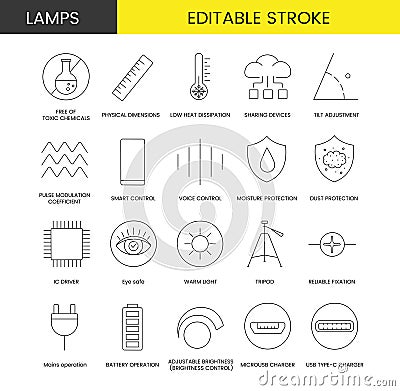 Set of line icons in vector for lamp packaging, illustration of technical specifications, low heat dissipation, physical Vector Illustration