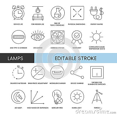 Set of line icons in vector for lamp packaging, technical specifications illustration, service life and for indoor use Vector Illustration