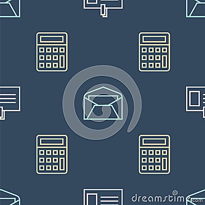 Set line Identification badge, Calculator and Envelope on seamless pattern. Vector Vector Illustration
