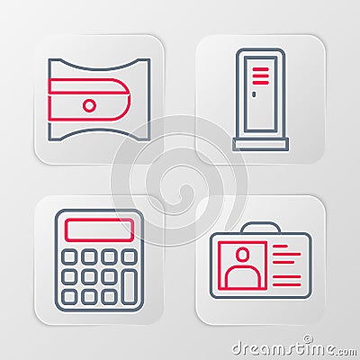 Set line Identification badge, Calculator, Locker changing room and Pencil sharpener icon. Vector Stock Photo