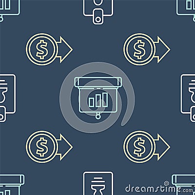 Set line Identification badge, Coin money with dollar and Graph, chart, diagram, infographic on seamless pattern. Vector Vector Illustration