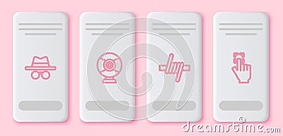 Set line Incognito mode, Security camera, Barbed wire and Fingerprint. White rectangle button. Vector Stock Photo