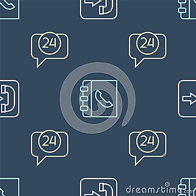 Set line Incoming call phone, Telephone 24 hours support and Phone book on seamless pattern. Vector Vector Illustration