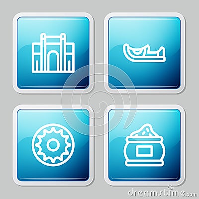 Set line India Gate in Delhi, Indian shoes, Chakra and spice icon. Vector Vector Illustration