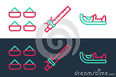 Set line Indian shoes, spice and Bamboo flute indian icon. Vector Vector Illustration